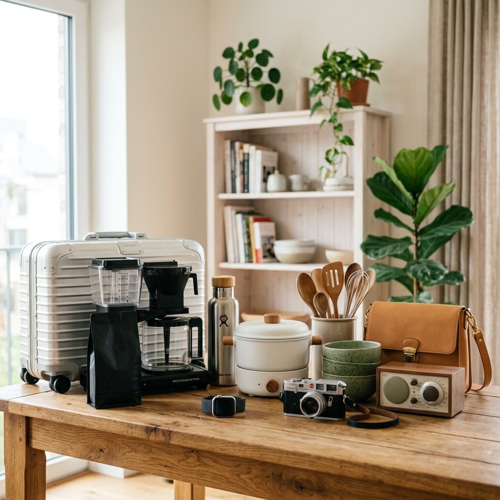 Sourced product collection: luggage, camera, watch, home decor, cookware