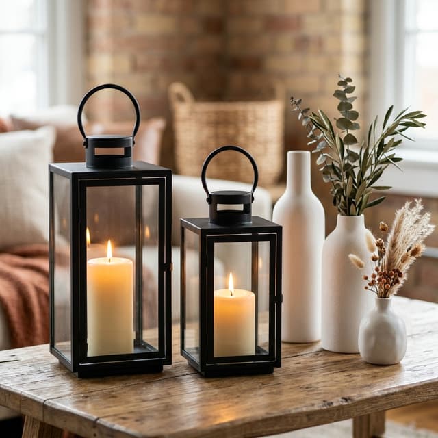 Attached candle lanterns and white ceramic vases